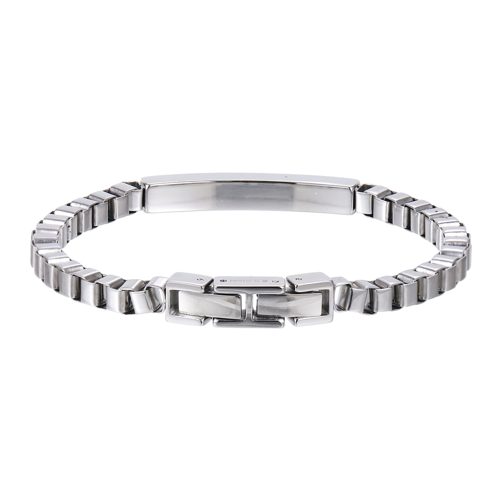 BSS1174 STAINLESS STEEL BOX CHAIN BRACELET WITH ID PLATE&CZ