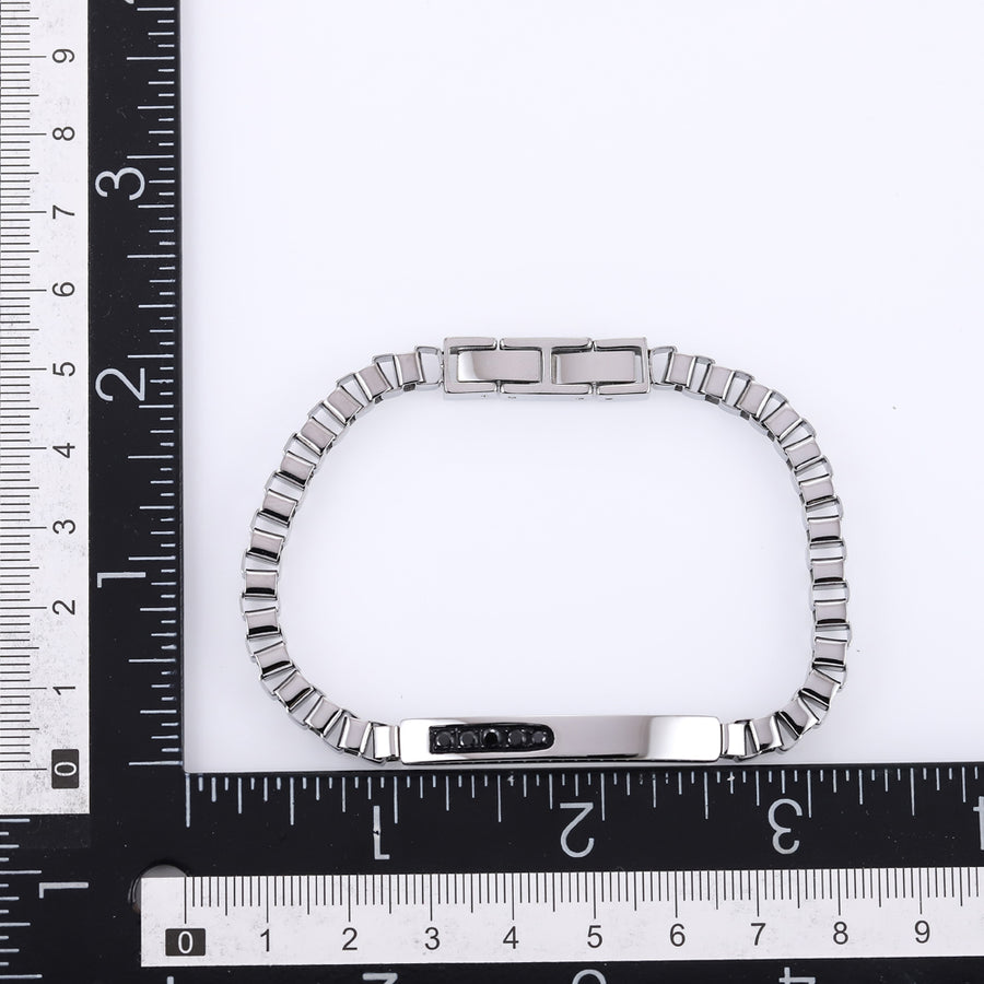 BSS1174 STAINLESS STEEL BOX CHAIN BRACELET WITH ID PLATE&CZ