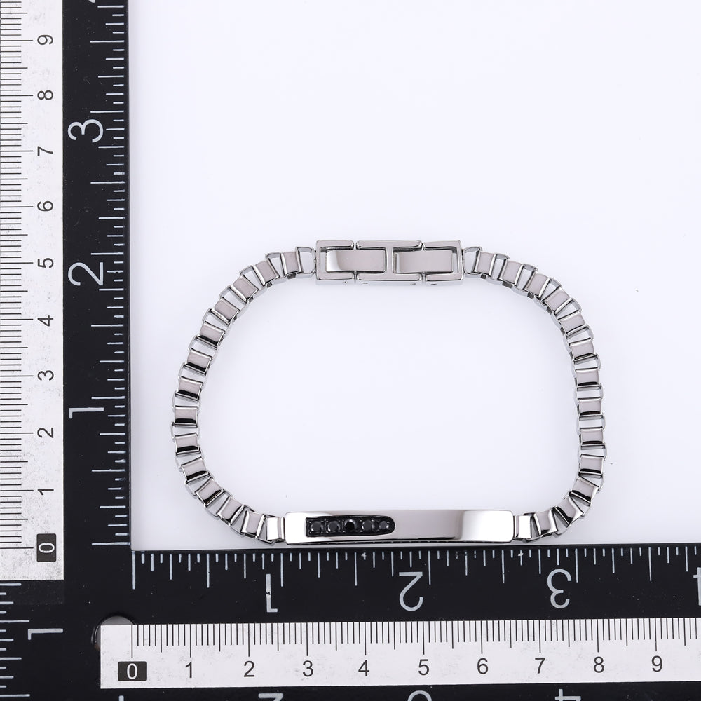 BSS1174 STAINLESS STEEL BOX CHAIN BRACELET WITH ID PLATE&CZ