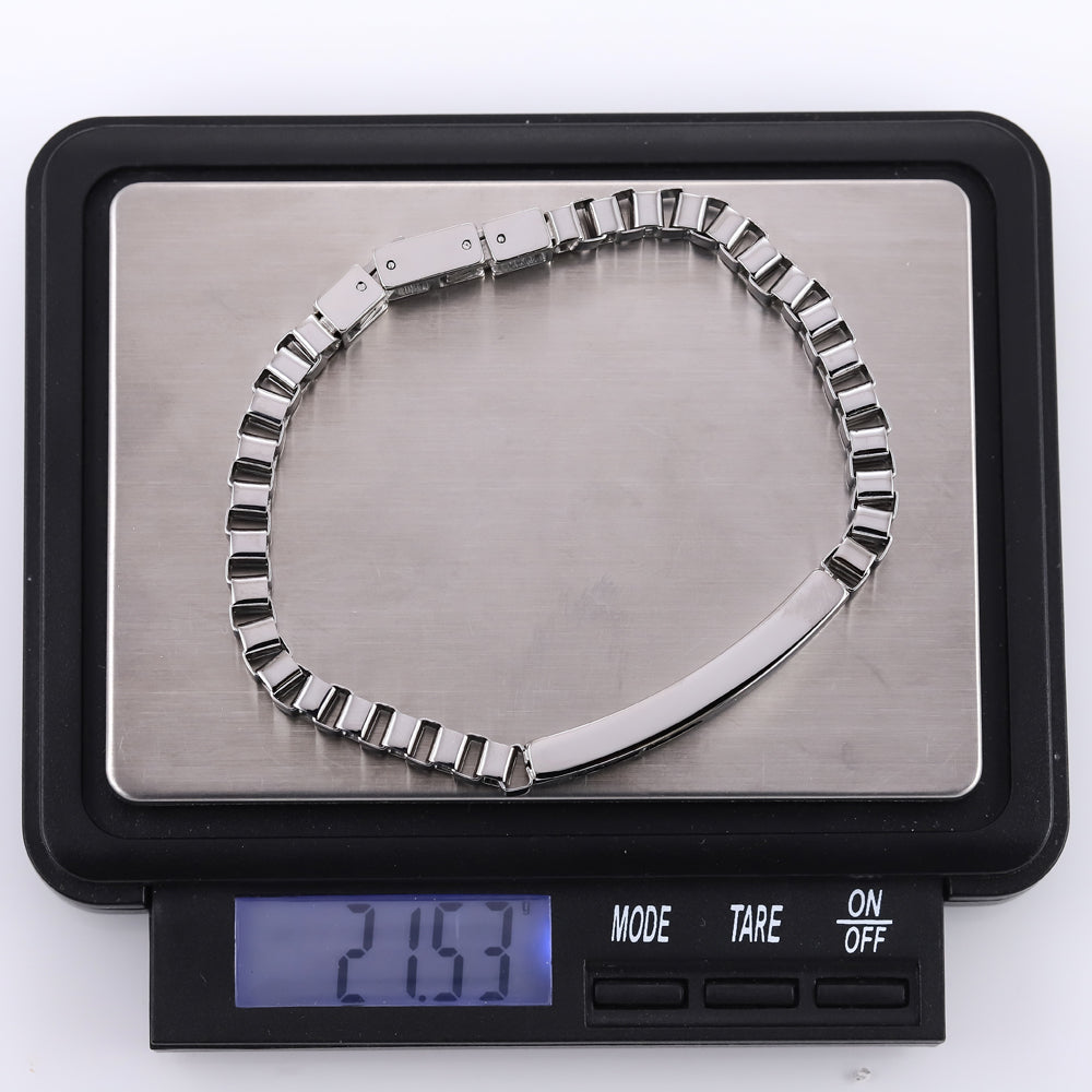 BSS1174 STAINLESS STEEL BOX CHAIN BRACELET WITH ID PLATE&CZ