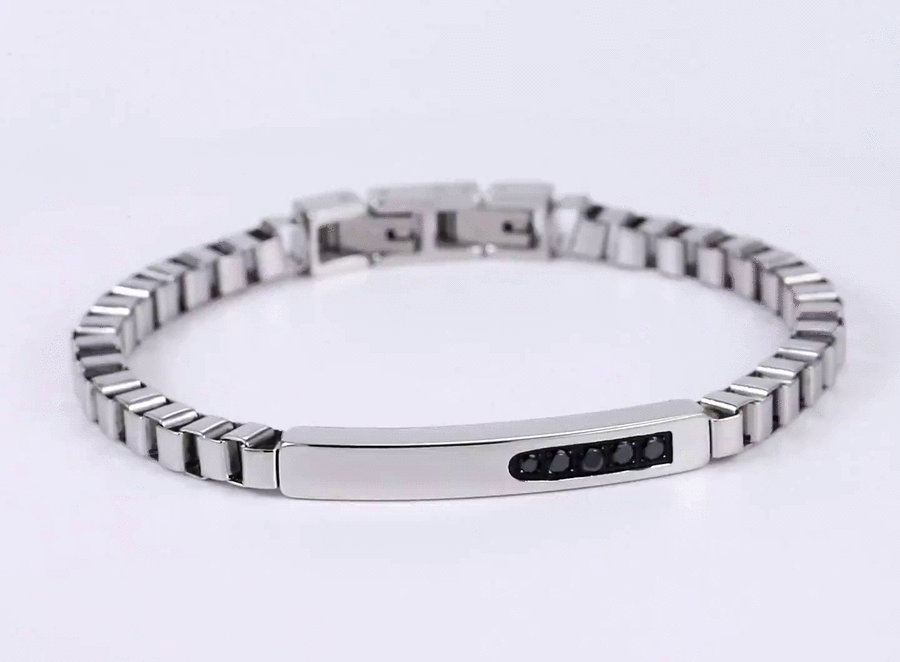 BSS1174 STAINLESS STEEL BOX CHAIN BRACELET WITH ID PLATE&CZ