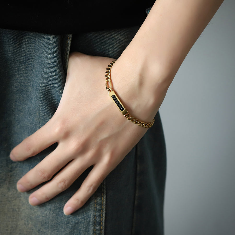 BSS1176 STAINLESS STEEL CURB CHAIN BRACELET WITH ID PLATE&CZ