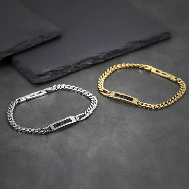 BSS1176 STAINLESS STEEL CURB CHAIN BRACELET WITH ID PLATE&CZ