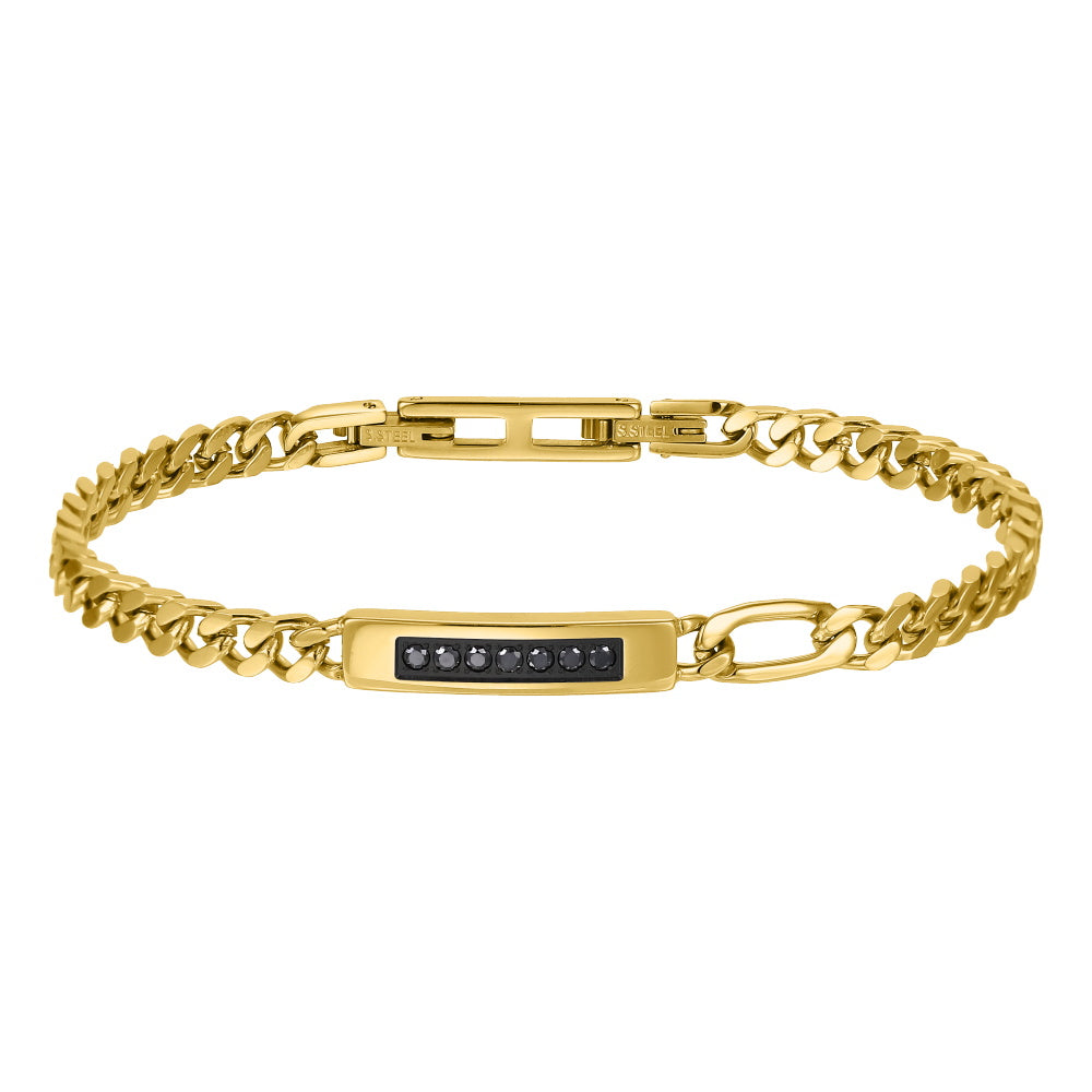 BSS1176 STAINLESS STEEL CURB CHAIN BRACELET WITH ID PLATE&CZ