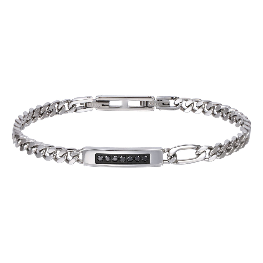 BSS1176 STAINLESS STEEL CURB CHAIN BRACELET WITH ID PLATE&CZ