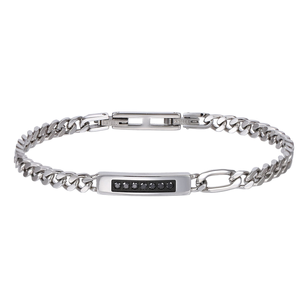 BSS1176 STAINLESS STEEL CURB CHAIN BRACELET WITH ID PLATE&CZ
