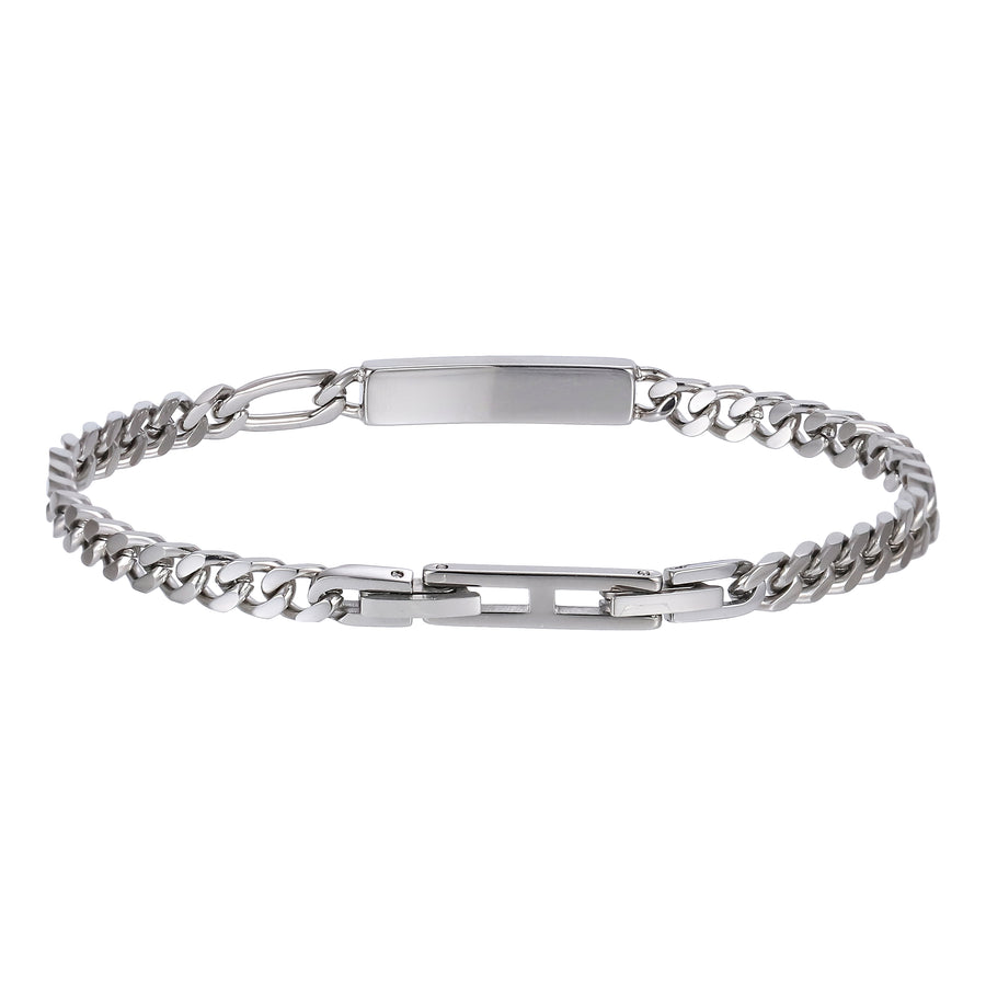 BSS1176 STAINLESS STEEL CURB CHAIN BRACELET WITH ID PLATE&CZ