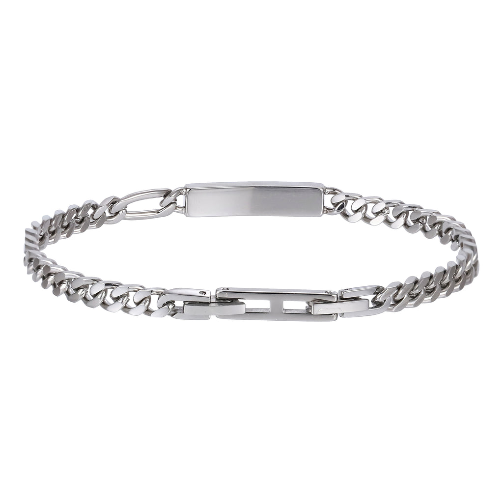 BSS1176 STAINLESS STEEL CURB CHAIN BRACELET WITH ID PLATE&CZ