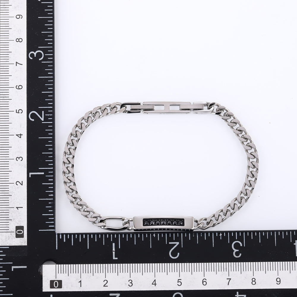 BSS1176 STAINLESS STEEL CURB CHAIN BRACELET WITH ID PLATE&CZ