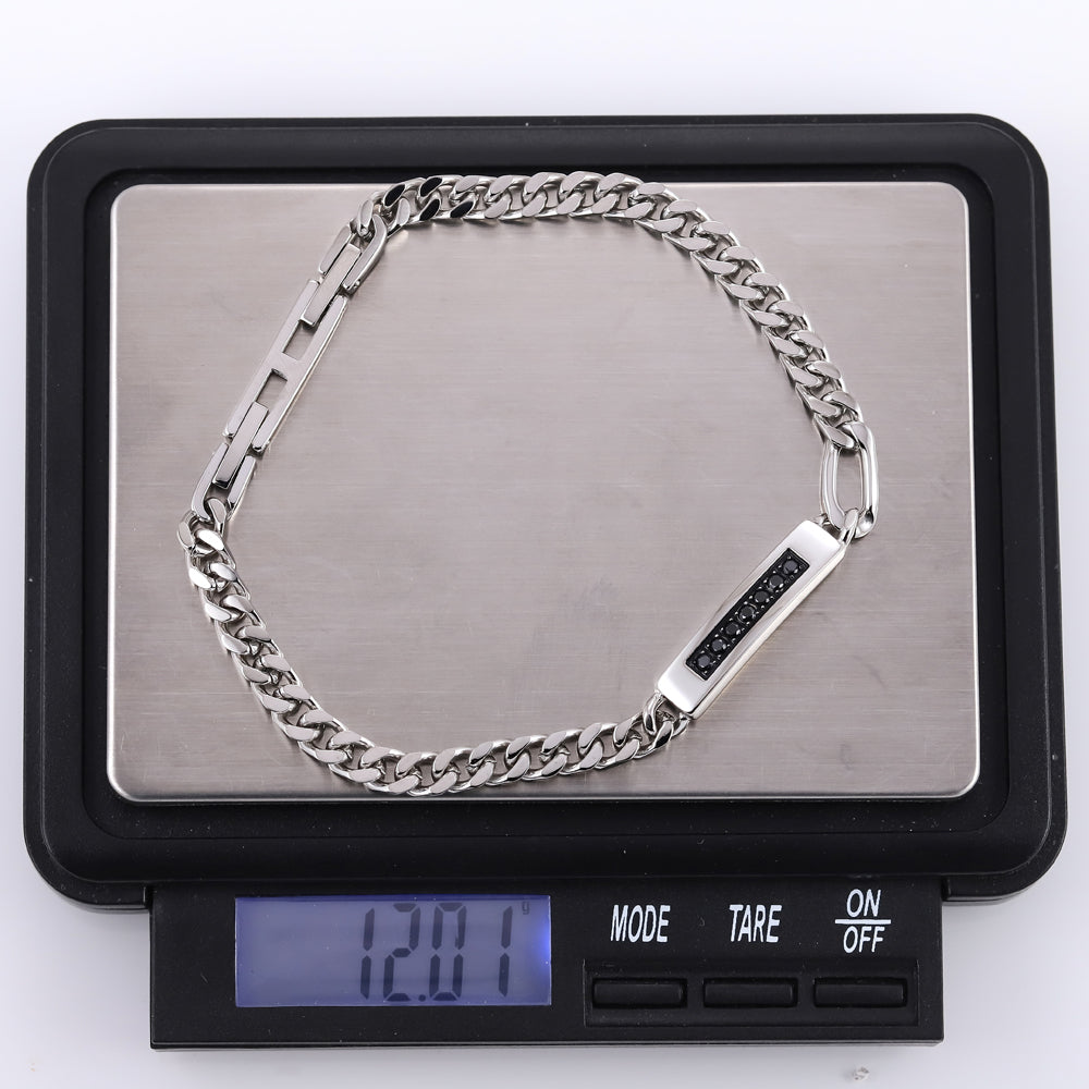 BSS1176 STAINLESS STEEL CURB CHAIN BRACELET WITH ID PLATE&CZ