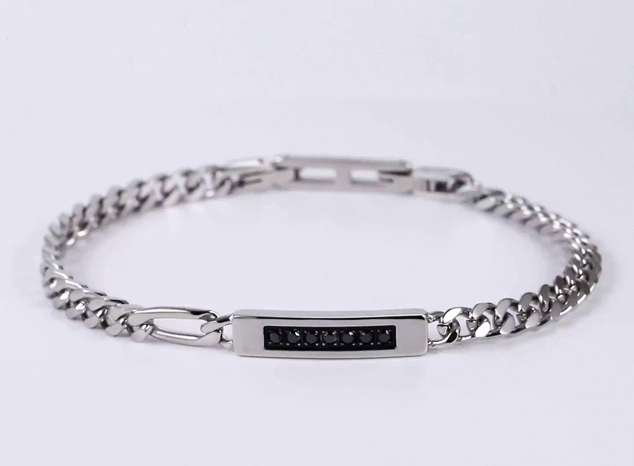 BSS1176 STAINLESS STEEL CURB CHAIN BRACELET WITH ID PLATE&CZ