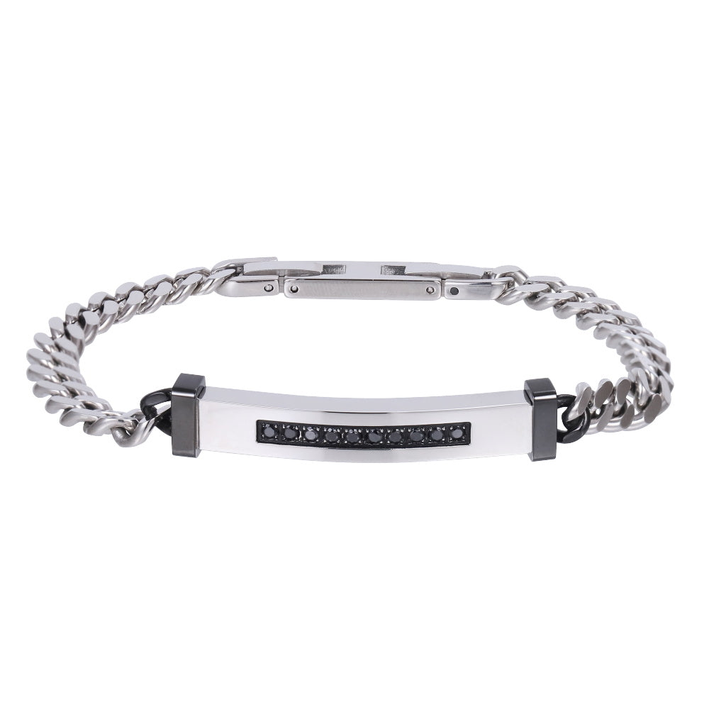 BSS1207 STAINLESS STEEL ID PLATE BRACELET WITH CZ