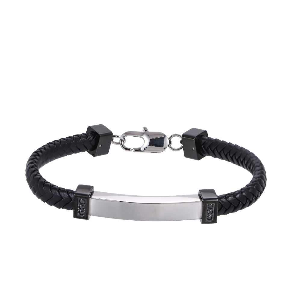 BSS1208 STAINLESS STEEL BRAIDED LEATHER BRACELET WITH ID PLATE