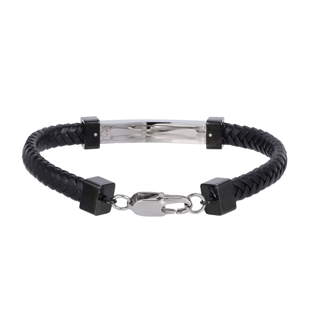 BSS1208 STAINLESS STEEL BRAIDED LEATHER BRACELET WITH ID PLATE