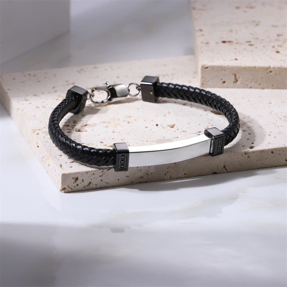 BSS1208 STAINLESS STEEL BRAIDED LEATHER BRACELET WITH ID PLATE