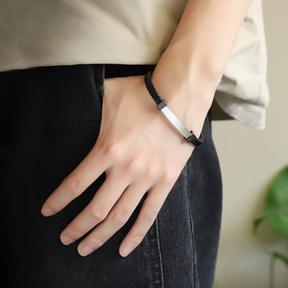 BSS1208 STAINLESS STEEL BRAIDED LEATHER BRACELET WITH ID PLATE