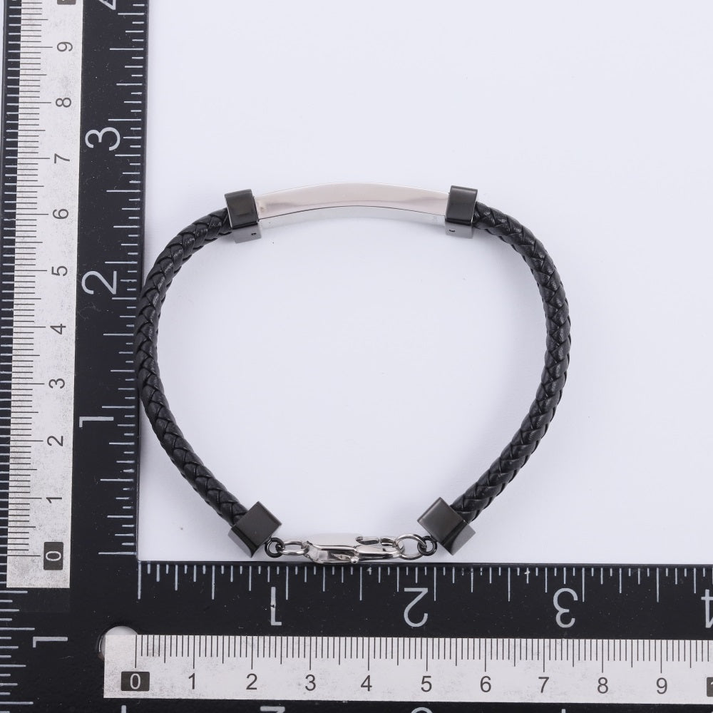 BSS1208 STAINLESS STEEL BRAIDED LEATHER BRACELET WITH ID PLATE