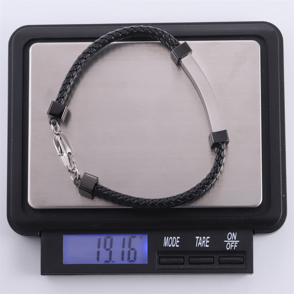 BSS1208 STAINLESS STEEL BRAIDED LEATHER BRACELET WITH ID PLATE