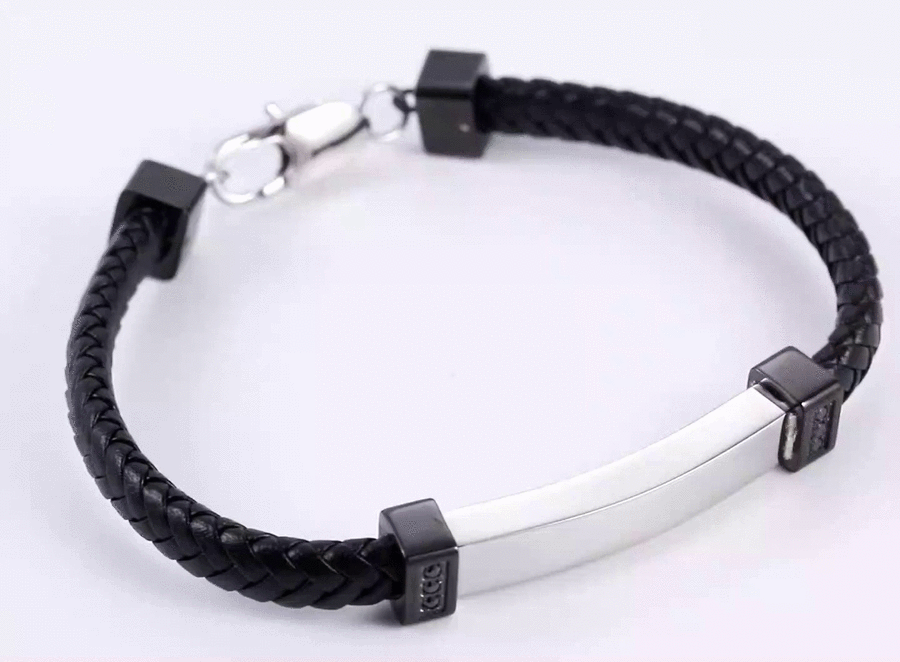 BSS1208 STAINLESS STEEL BRAIDED LEATHER BRACELET WITH ID PLATE