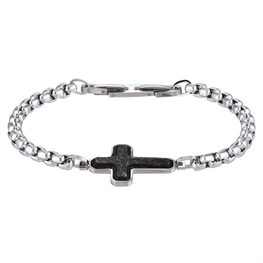 BSS934 STAINLESS STEEL CROSS BRACELET WITH FORGED CARBON