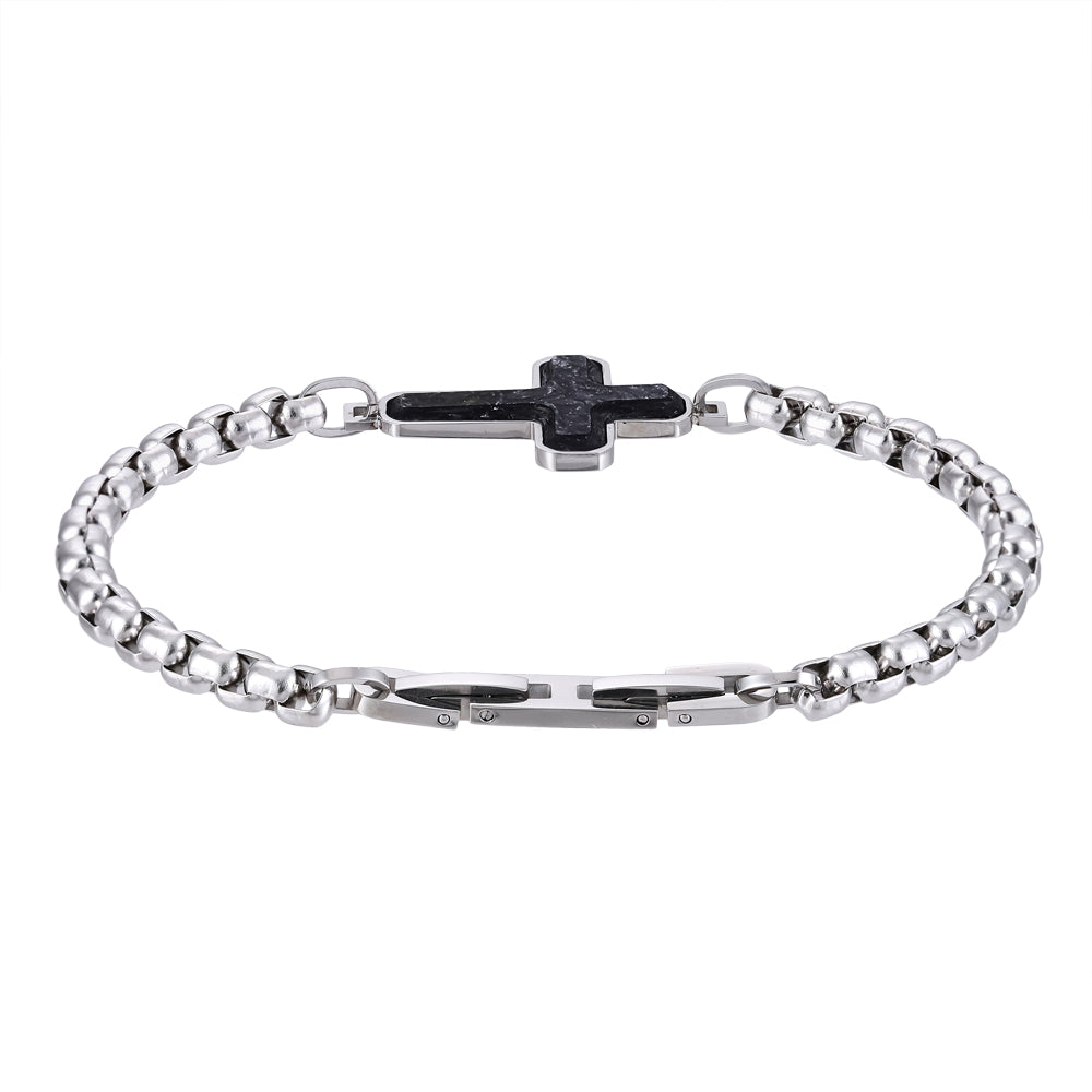 BSS934 STAINLESS STEEL CROSS BRACELET WITH FORGED CARBON