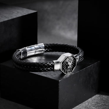 BSS935 STAINLESS STEEL LEATHER BRACELET WITH LION AAB CO..