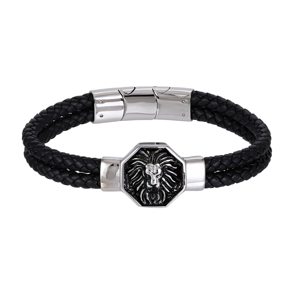 BSS935 STAINLESS STEEL LEATHER BRACELET WITH LION AAB CO..