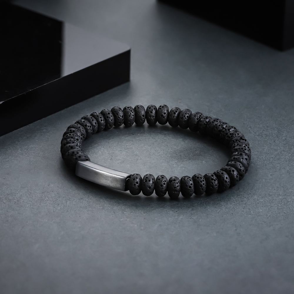 BSS972 ELASTIC STRING BRACELET WITH LAVA & STAINLESS STEEL