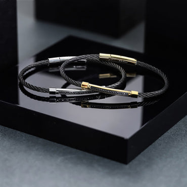 BSS981 STAINLESS STEEL CABLE BRACELET WITH BLACK CZ AAB CO..