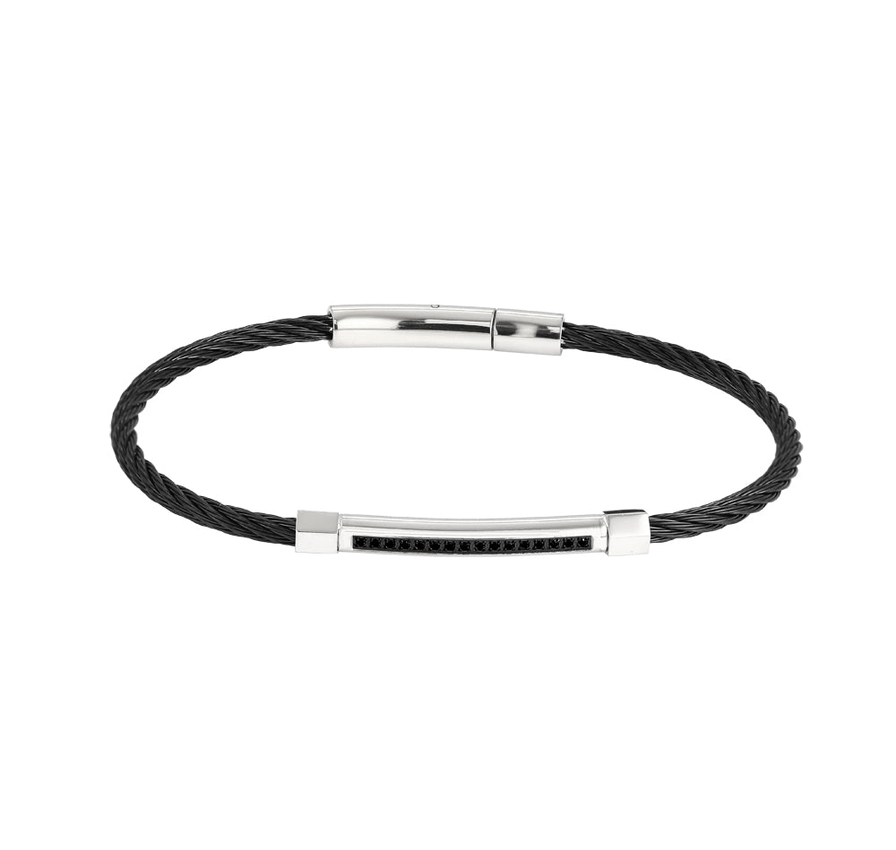 BSS981 STAINLESS STEEL CABLE BRACELET WITH BLACK CZ