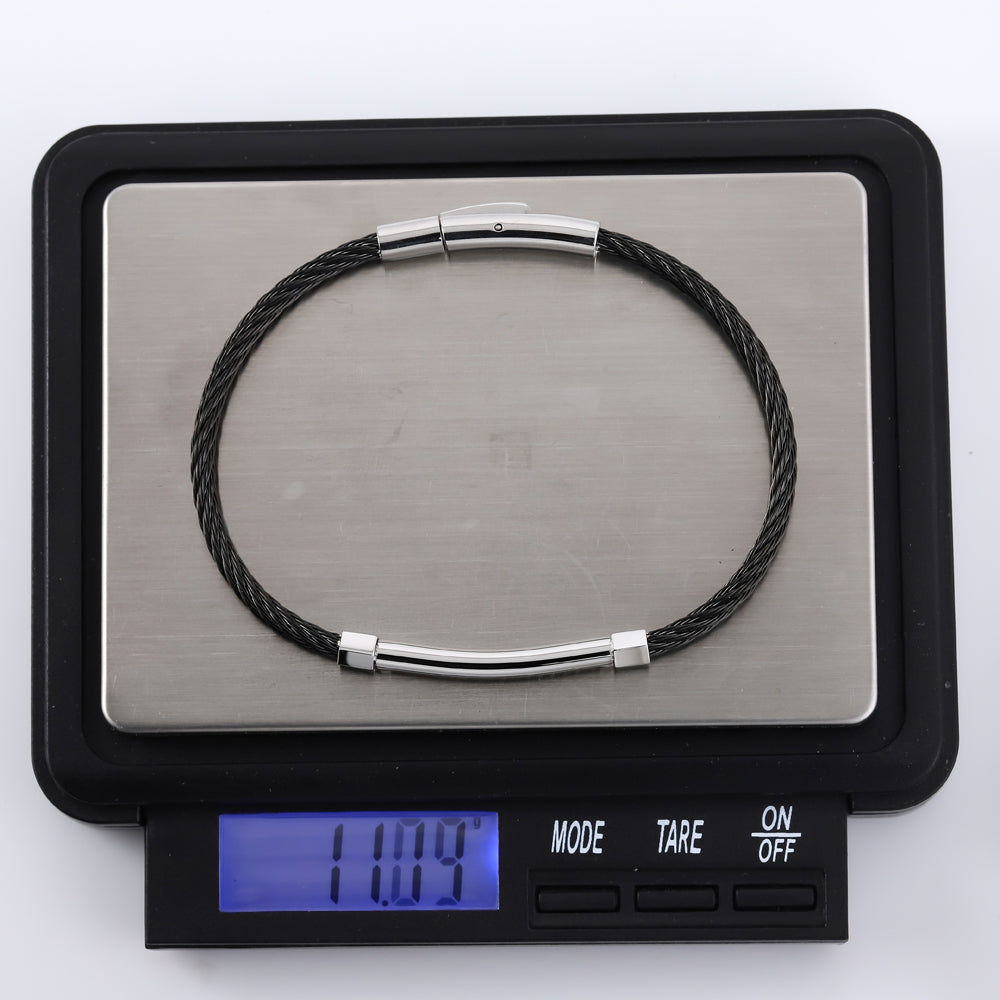 BSS981 STAINLESS STEEL CABLE BRACELET WITH BLACK CZ AAB CO..