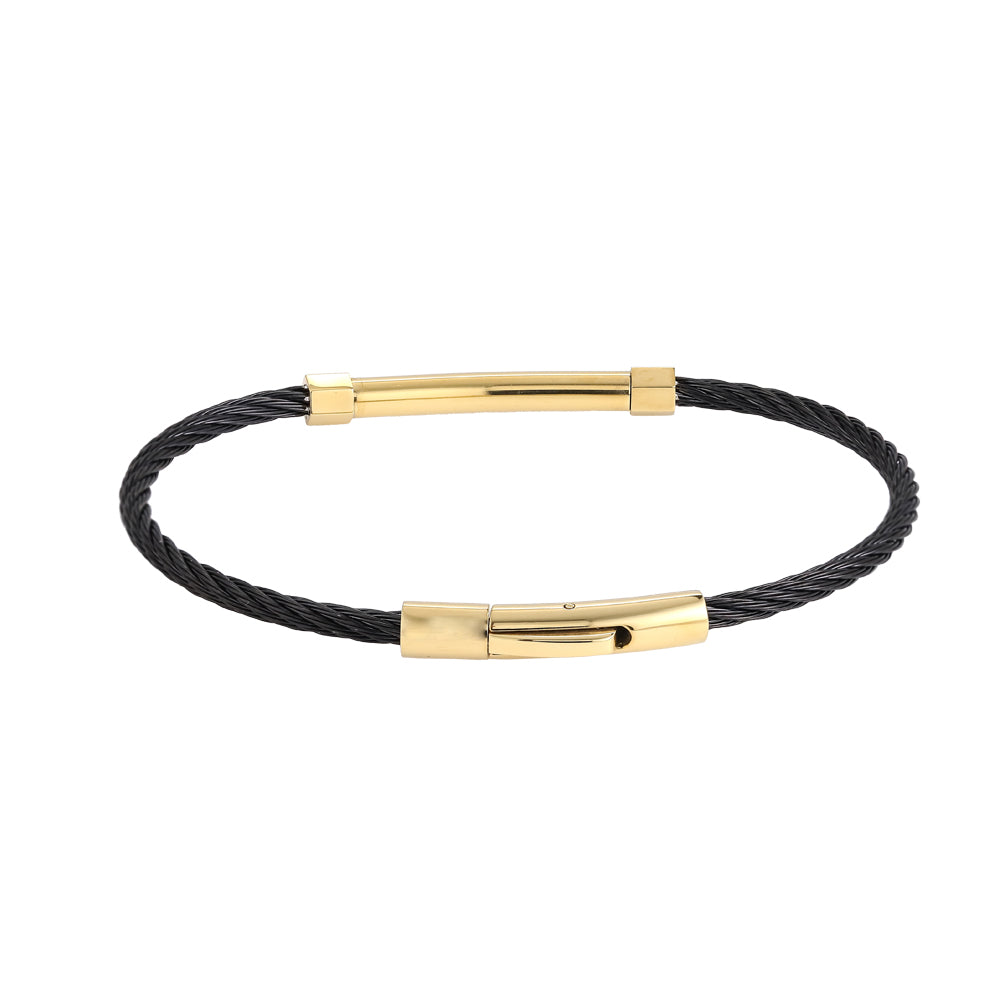 BSS981 STAINLESS STEEL CABLE BRACELET WITH BLACK CZ