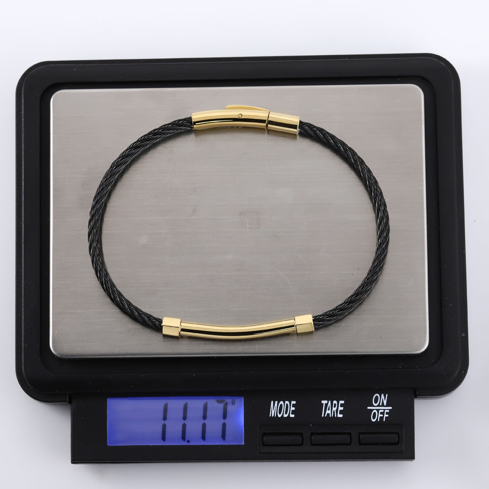 BSS981 STAINLESS STEEL CABLE BRACELET WITH BLACK CZ AAB CO..