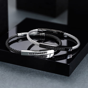 BSS982 STAINLESS STEEL CABLE BRACELET WITH BLACK CZ AAB CO..