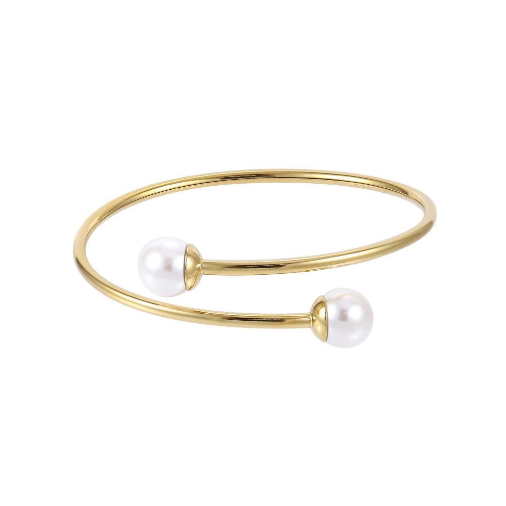 AAB Co stainless steel flexible open bangle with shell pearl in 14K gold finish