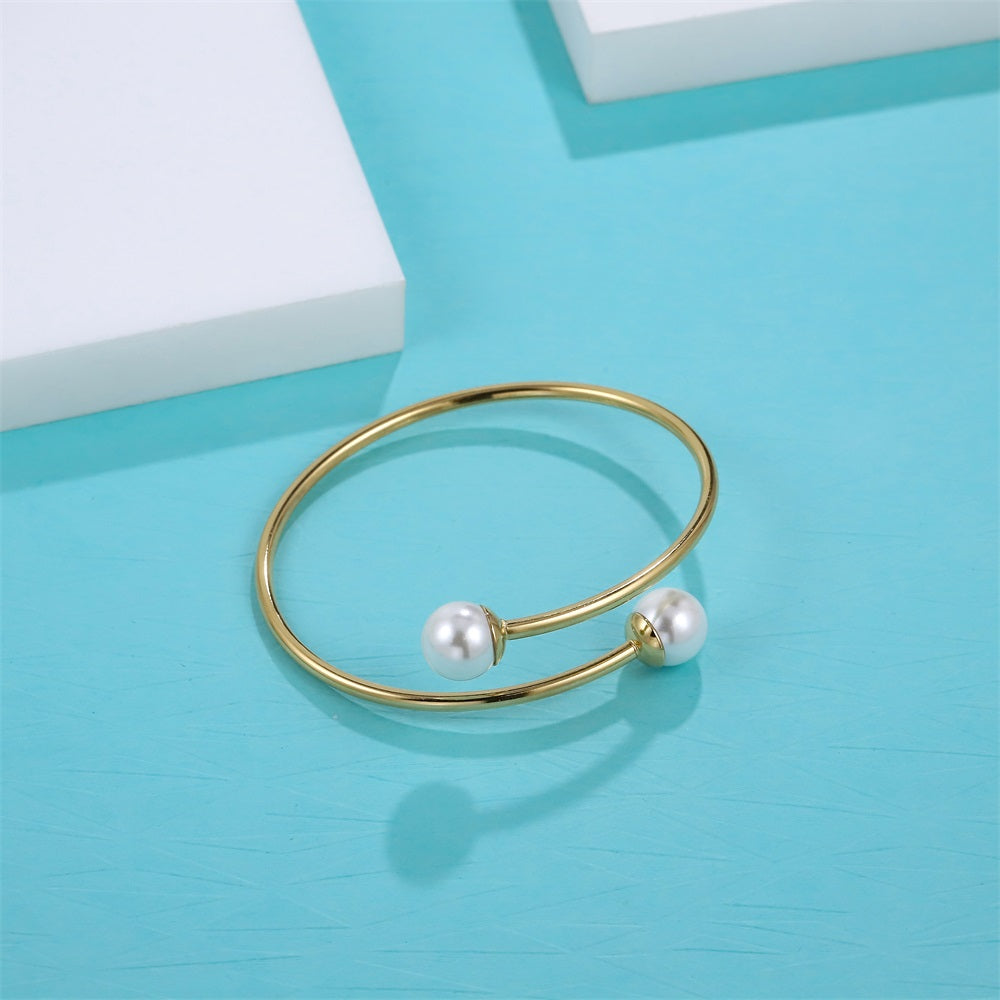 BSSG213 STAINLESS STEEL FLEXIBLE OPEN BANGLE WITH SHELL PEARL