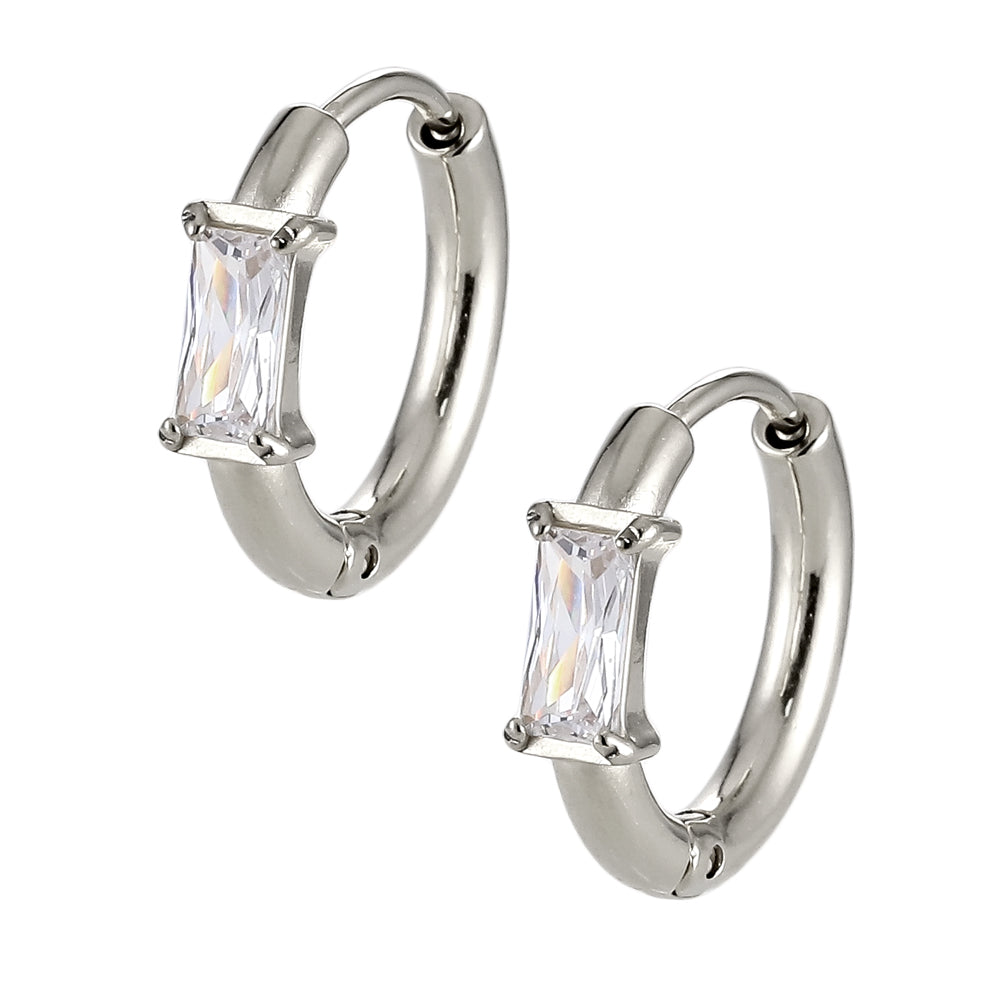 ESS759 STAINLESS STEEL HOOP EARRING WITH BAGUETTE CZ