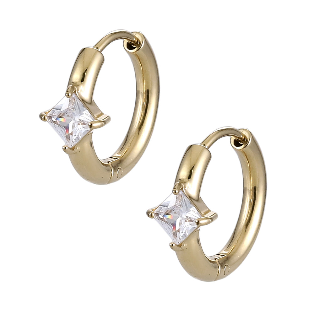 ESS762 STAINLESS STEEL HOOP EARRING WITH SQUARE CZ
