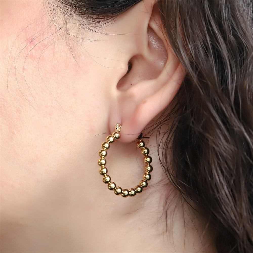 ESS852 STAINLESS STEEL ROUND HOOP EARRING WITH 4MM BALLS