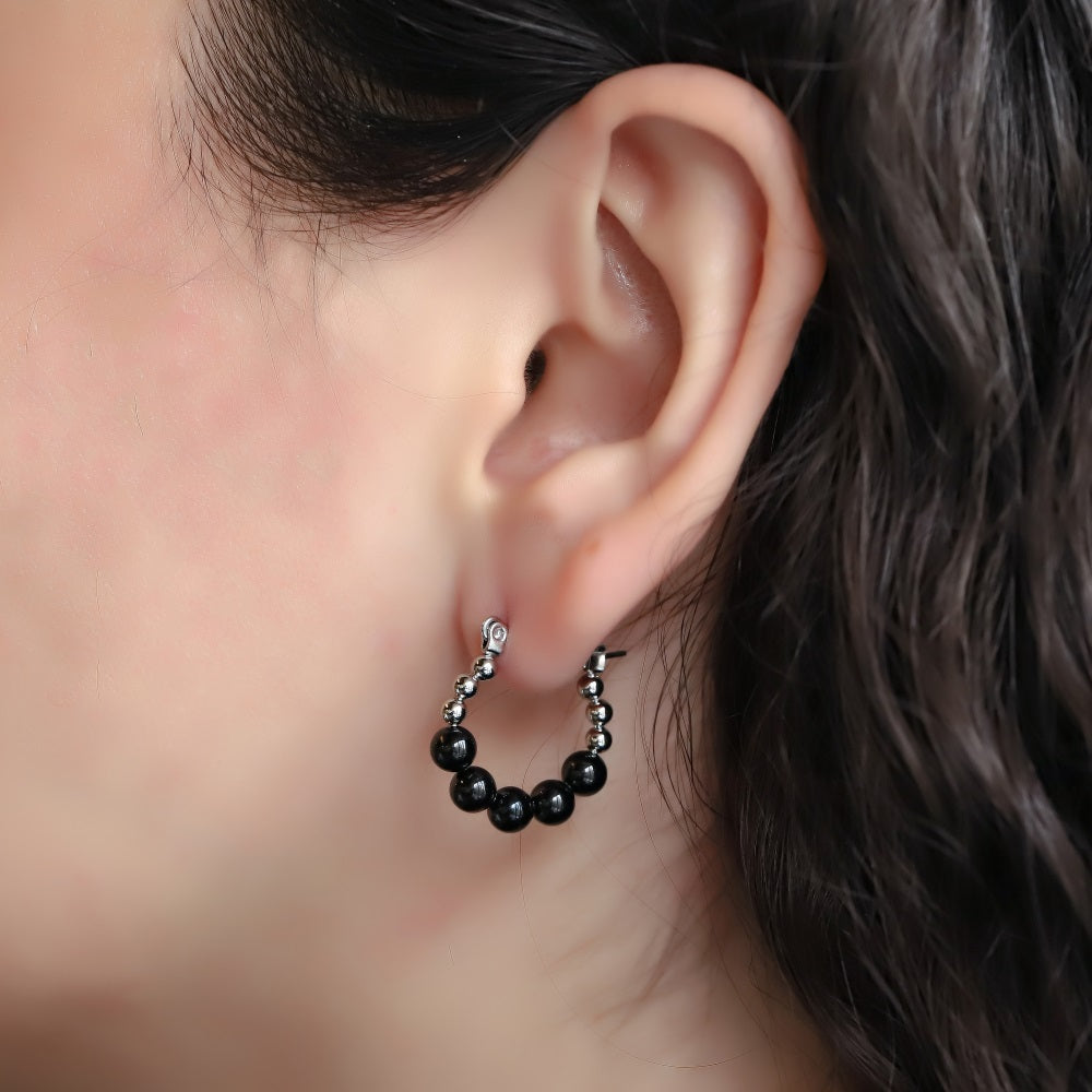 ESS853 STAINLESS STEEL HOOP EARRING WITH ROUND BALLS DESIGN