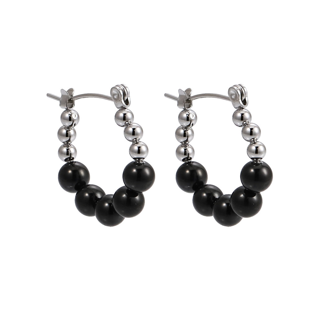 AAB Co stainless steel hoop earrings with round ball design in black and silver steel finish
