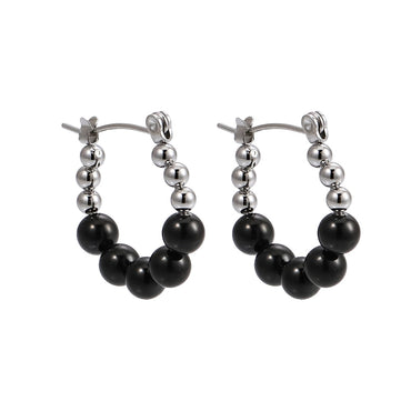 AAB Co stainless steel hoop earrings with round ball design in black and silver steel finish