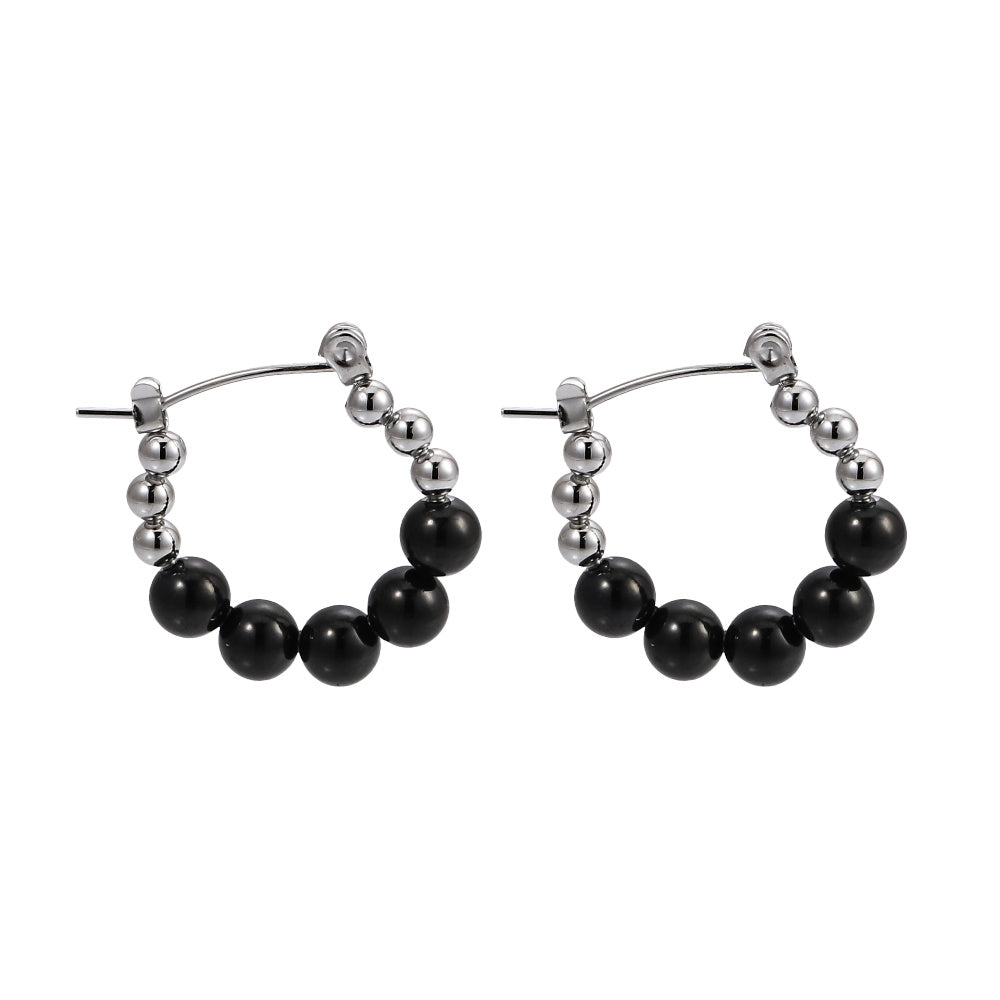 AAB Co stainless steel hoop earrings with round ball design in black and silver steel finish