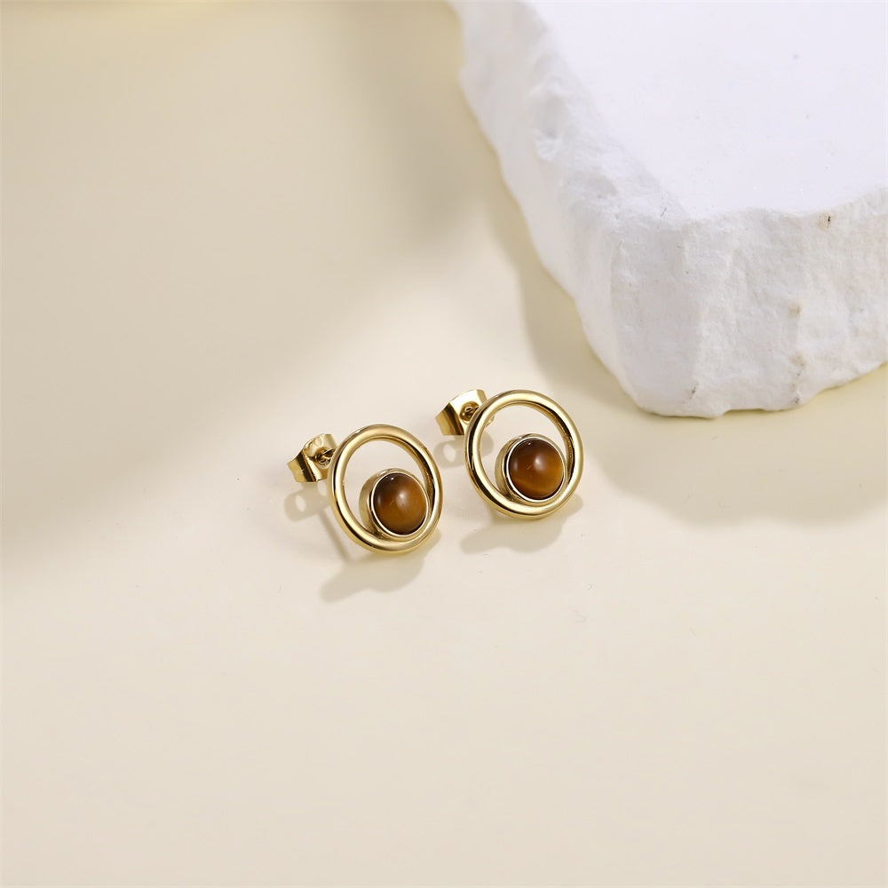 ESS870 STAINLESS STEEL ROUND EARRING WITH NATURAL STONE