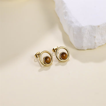 ESS870 STAINLESS STEEL ROUND EARRING WITH NATURAL STONE