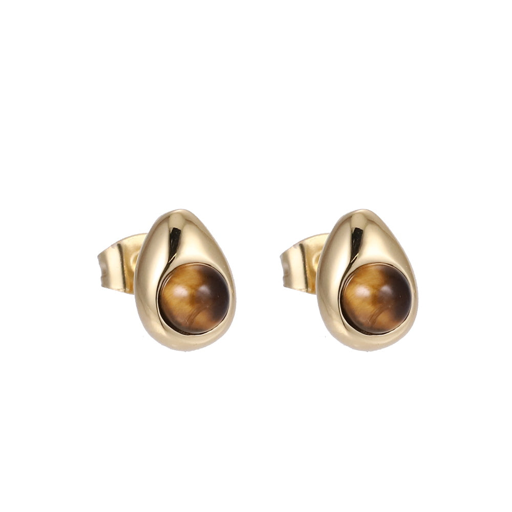 AAB Co stainless steel teardrop stud earrings with natural yellow tiger eye in 14K gold finish