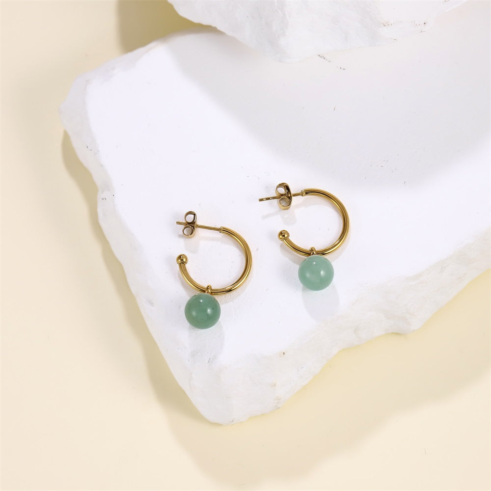 ESS872 STAINLESS STEEL HOOP EARRING WITH NATURAL STONE