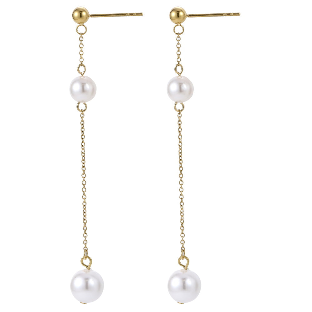 Drop earrings with round shell pearls and gold chain ?C AAB stainless steel jewelry
