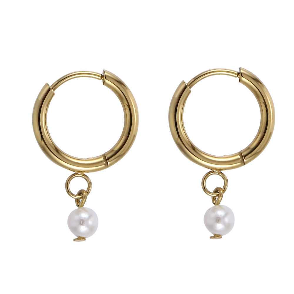 AAB Co stainless steel hoop earrings with round shell pearl and 14K gold finish