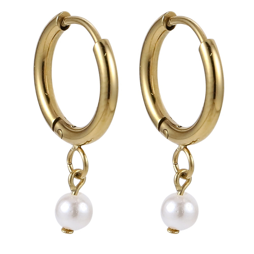 AAB Co stainless steel hoop earrings with round shell pearl and 14K gold finish